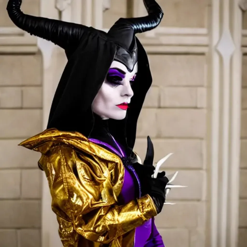 Prompt: black ornamented exotic cembalo inside an occult cathedral. Played by a female witch maleficent with purple eyes and black lips. cosplay. 8k