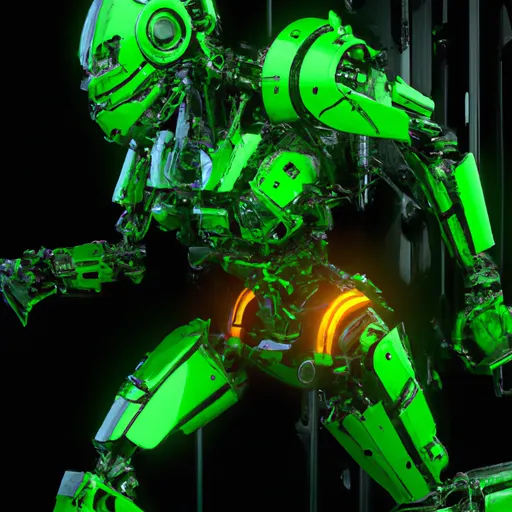 Prompt: A octane render of a holographic metallic green cyborg mechanical droid soldier swiftly charging forward in full battle-rattle gear in urban setting, Chiaroscuro