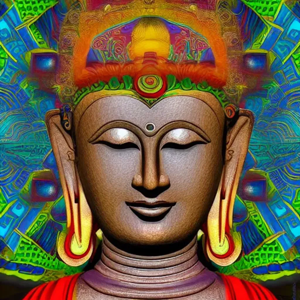 Prompt: tibetan buddha, symmetric face, fractal background with dampened colors