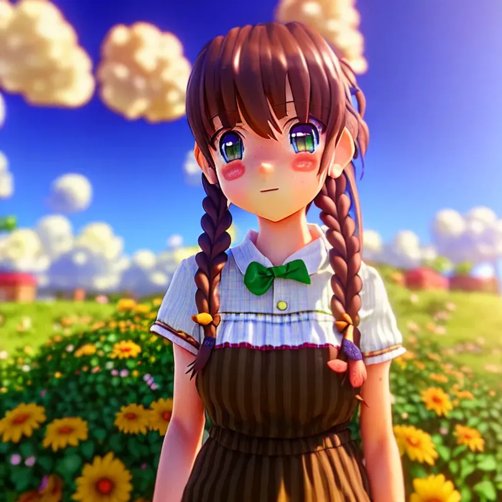 Prompt: Render of a cute 3d anime girl, stardew valley farm girl, long bronze brown hair, green eyes, cute freckles, full round face, soft smile, cute sundress, golden hour, serene beach setting, medium shot, mid-shot, hyperdetailed, cute blushing face, Unreal Engine 4k