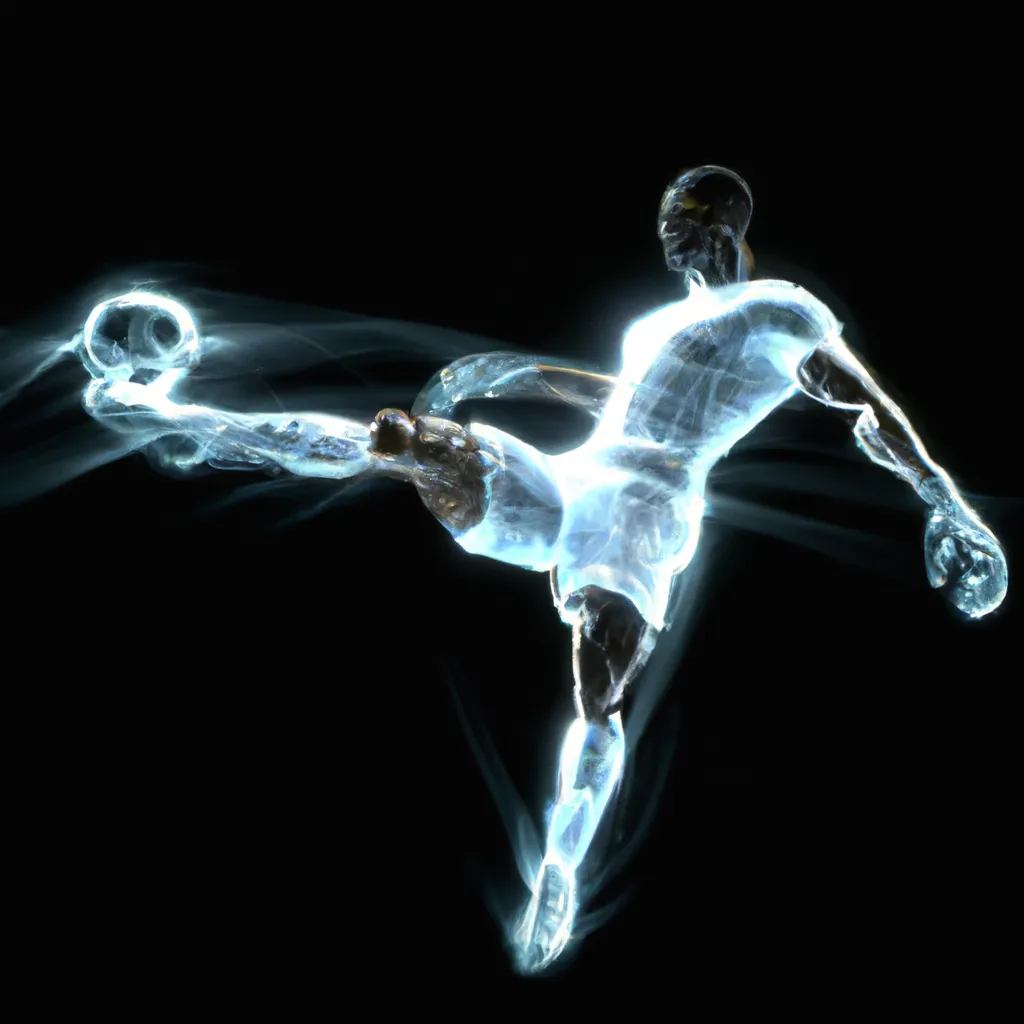 Prompt: a smooth transparent clear crystal body of Christiano Ronaldo reverse kicking a soccer ball appears to be illuminated by smooth streaks of random lightning bolt wrapping his body in total darkness by Christian W. Staudinger, featured on cg society, perfect composition, black background, darkness, holography, backlight, transparent crystal, chiaroscuro, bioluminescence, opalescent, iridescent, x-ray hologram | 3d octane render | octane lighting | dream fantasy | centered | octane render artstation trending 8k ultra-detailed  | sharp focus golden ratio | Disney Pixar Dreamworks 