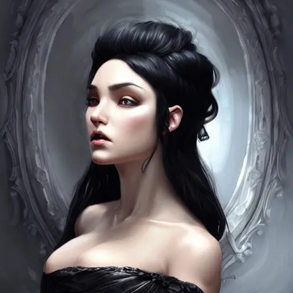 Prompt: A highly detailed portrait of a woman with black hair, beautiful, full body, elegant, ballroom, unreal engine, medieval, dark and evil, highly detailed, digital painting, concept art, smooth, sharp focus, illustration, artgerm