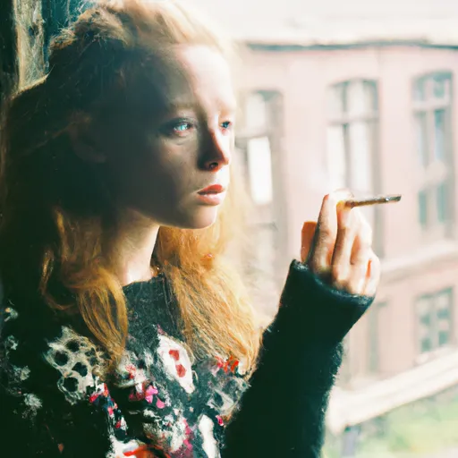 Prompt: /imagine Red-haired girl with freckles, smokes a cigarette, in an old apartment, looks out the window, outside the window is New York, autumn, Super-Resolution, Photorealistic, Blinks, Pentax k1000, aesthetic