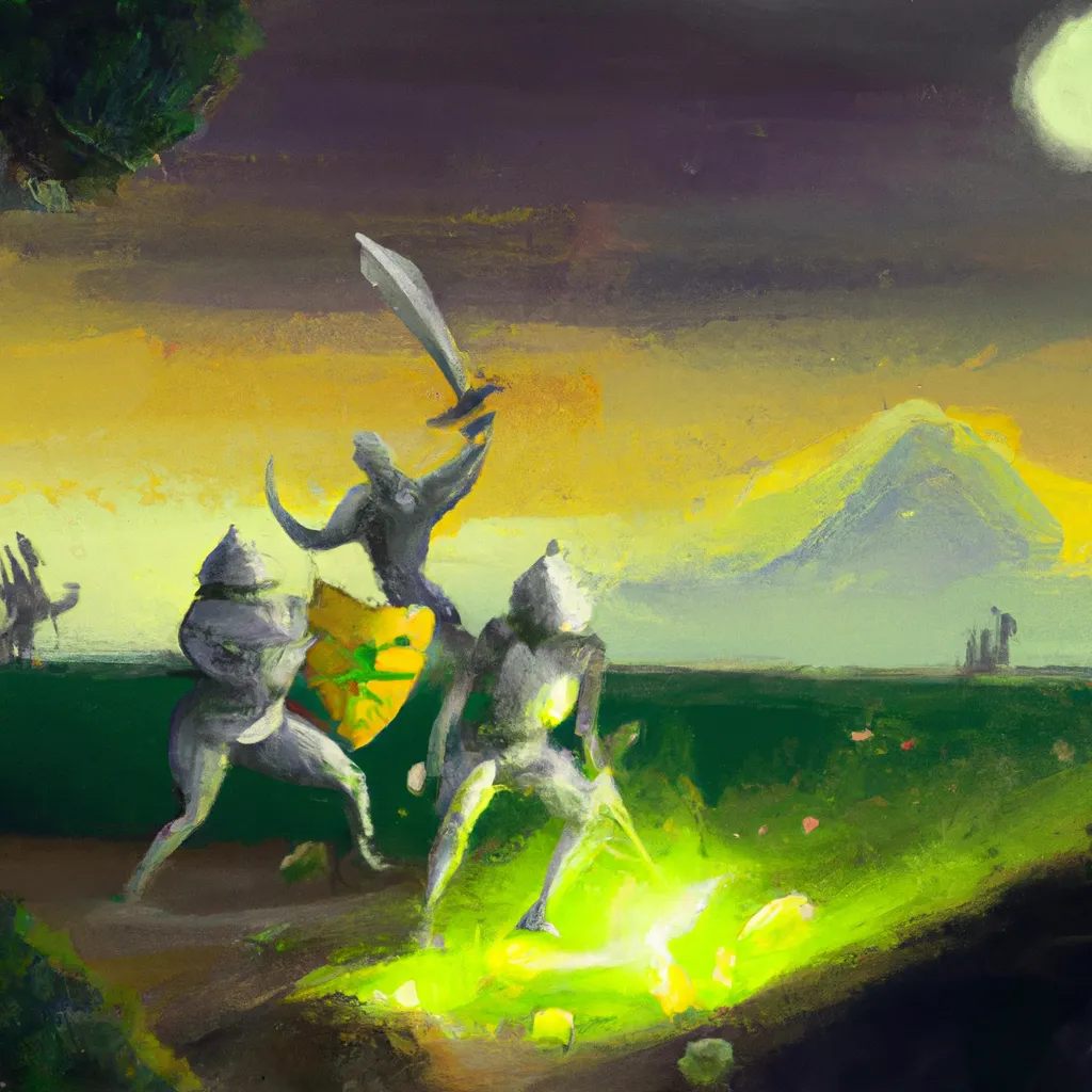 Prompt: painting of a lemon knight battle scene, medieval, dramatic