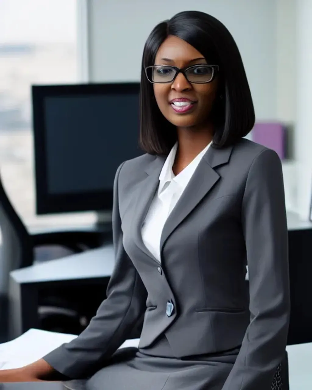 Prompt: Photograph of a slender black woman lawyer with medium length hair wearing a gray skirt suit, posing in her office, wide shot, 4k