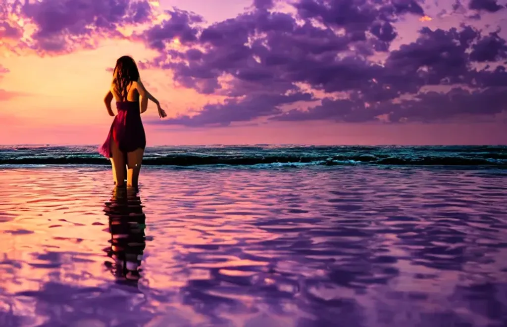 Prompt: Beautiful Woman wearing dress wading in the water in a violet and orange sunset