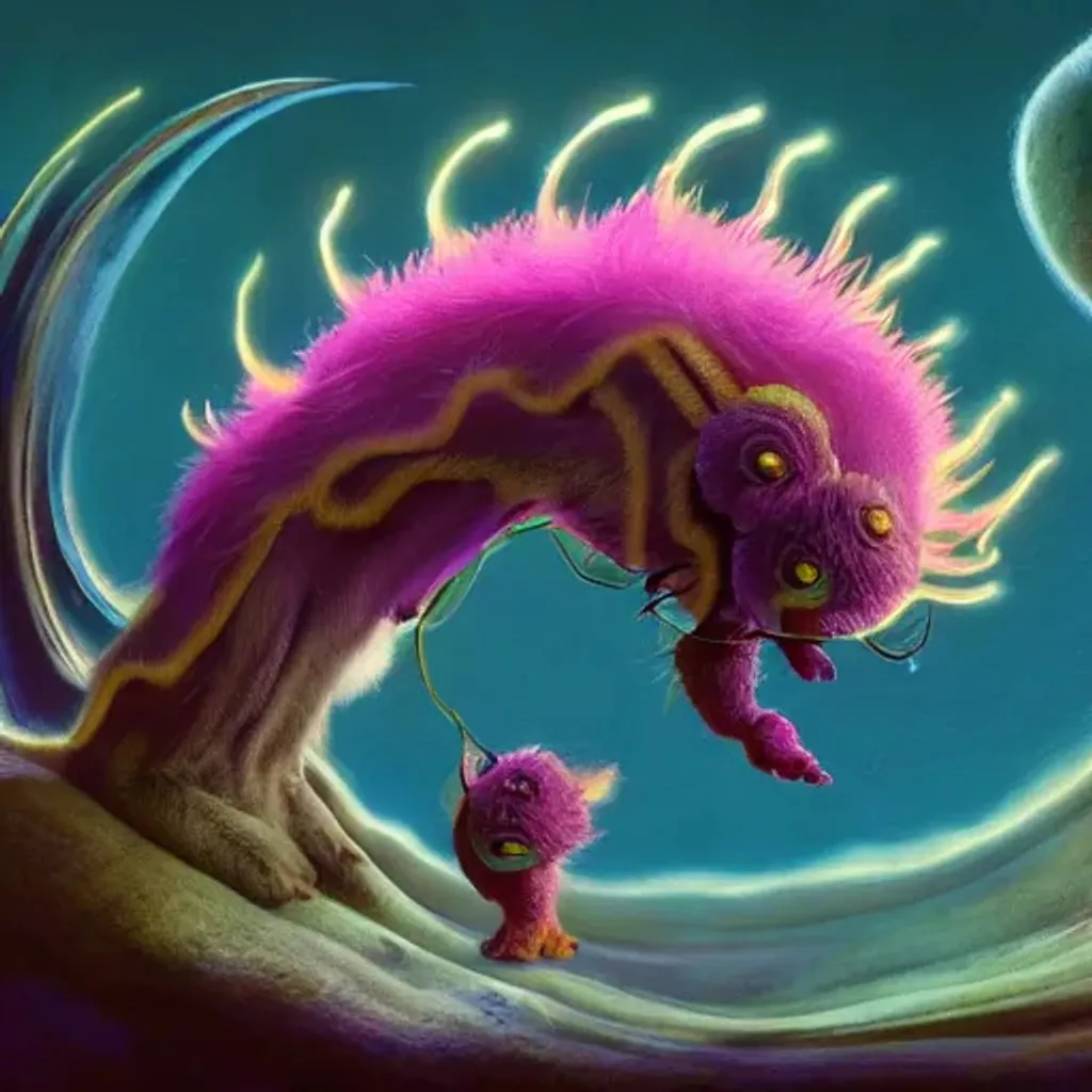 Prompt: Curvaceous Light bending cute furry monster  covered in halogenic Nuclear flowers in the style of Bruce Pennington, Dali, Munch, Escher, Klarwein, Yamamoto, Hattori | dark background | ultra sharp focus | 3d octane render artstation trending 8k unreal engine | Avatar movie| Disney Pixar Dreamworks 
