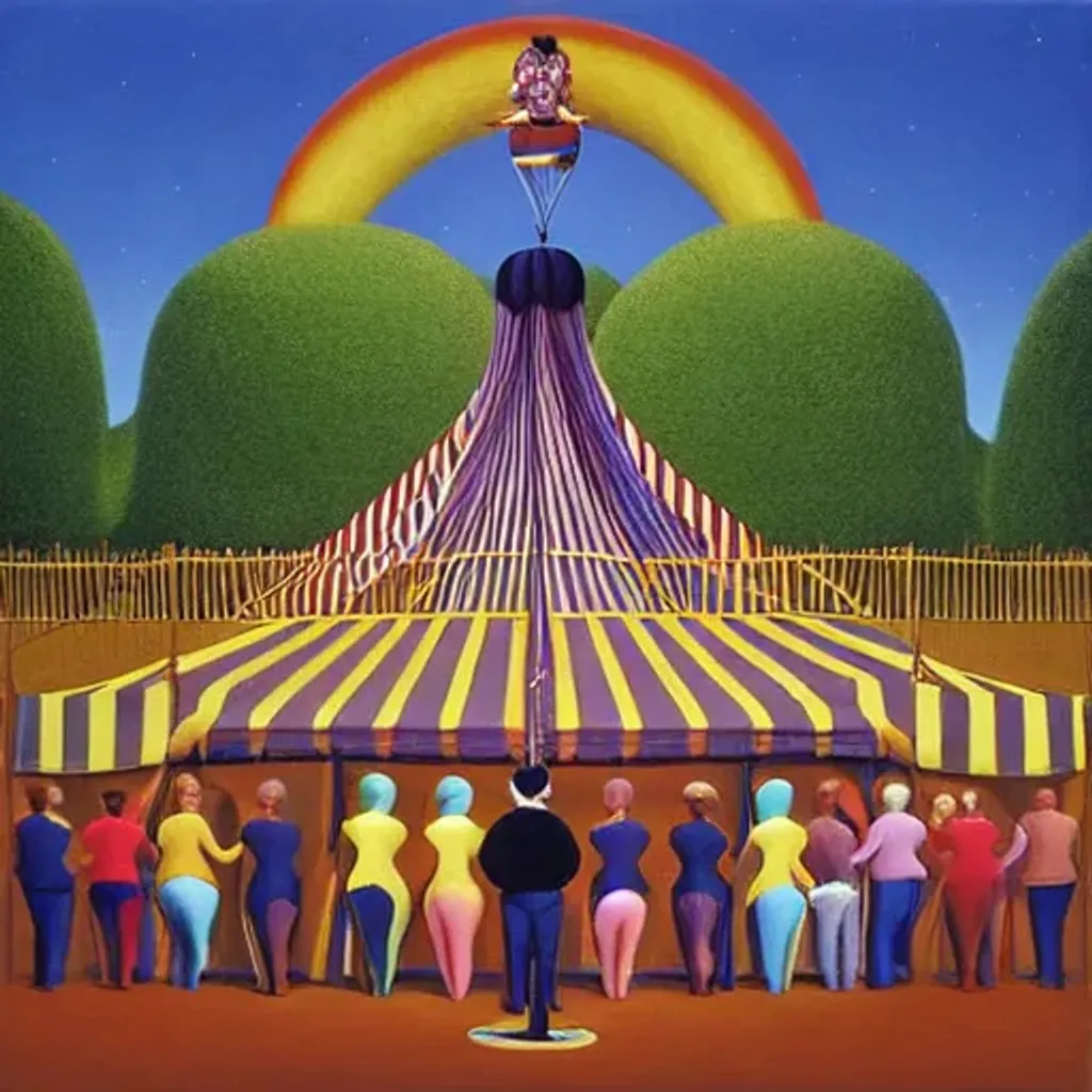 Prompt: a long queue of people to enter a beautiful circus, around several circus workers like clowns and magicians and other exuberant animals like a beautiful elephant, by Rob Gonsalves, by Paul Corfield , by George Ault , by David Inshaw