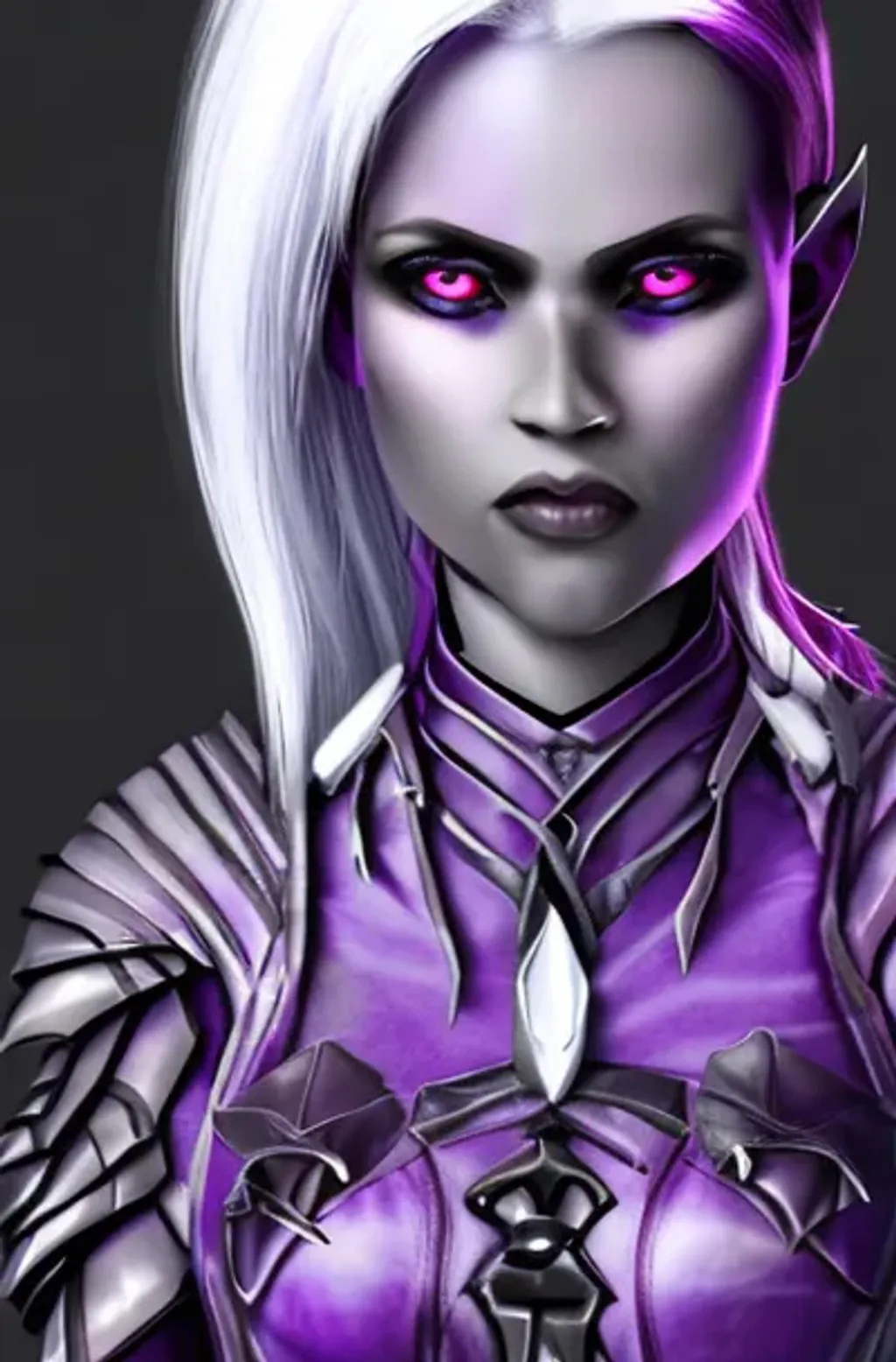 Prompt: Female dark elf with ebony skin, white hair and purple eyes wearing leather armor
