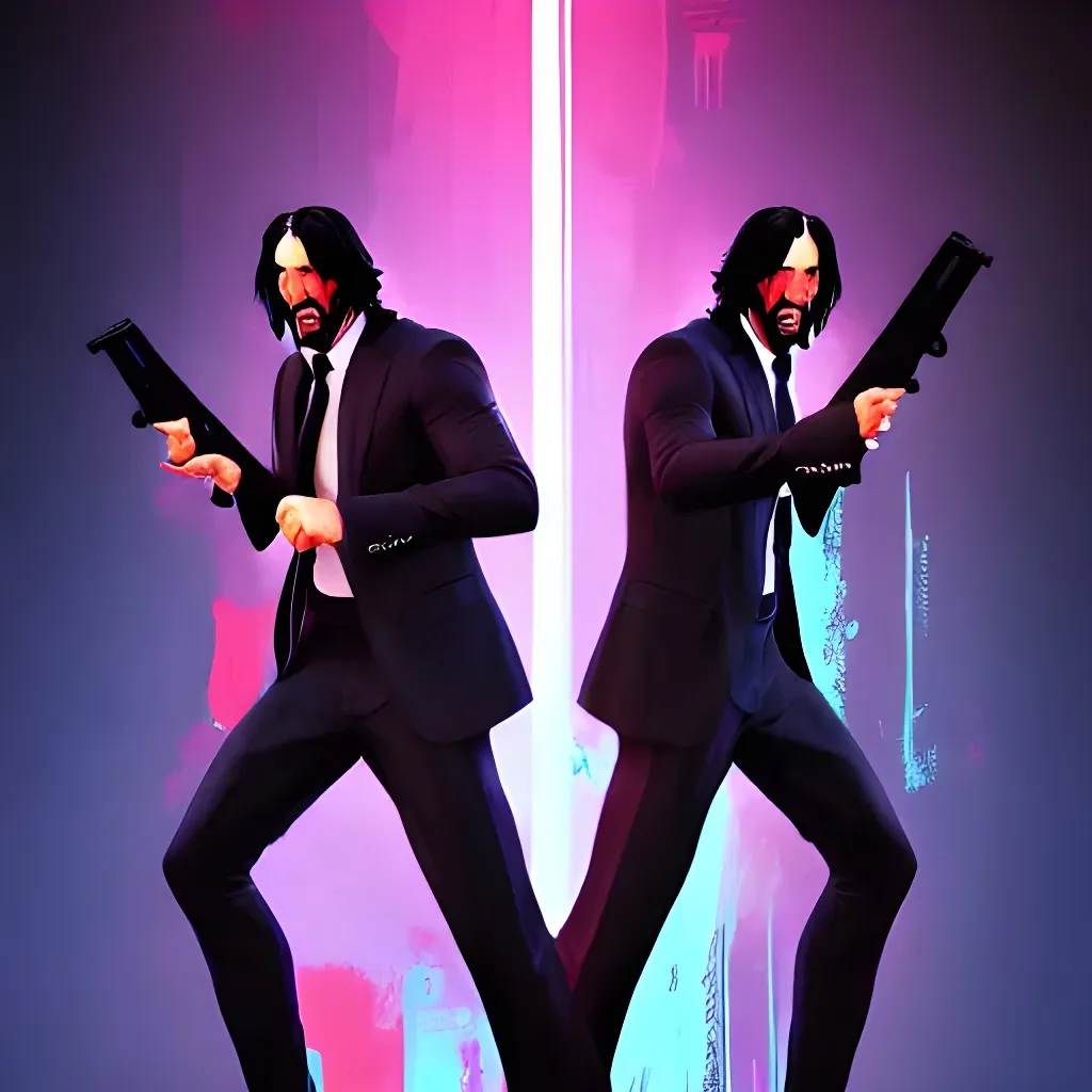 Prompt: painting of of john wick dual wielding pistols in the style of artgerm, rutkowski, unreal engine, full of colour, cinematic lighting, trending on artstation, 4 k, hyperrealistic, focused, extreme details, unreal engine 5, cinematic, masterpiece