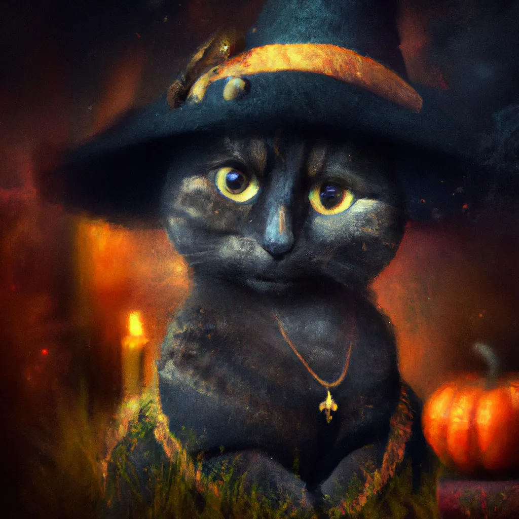 Prompt: Halloween theme. Cute black cat wearing a Halloween witch hat precious moments figurine , digital art, perfect composition, beautiful detailed intricate insanely detailed octane render trending on artstation, 8 k artistic photography, photorealistic concept art, soft natural volumetric cinematic perfect light, chiaroscuro, award winning photograph, masterpiece, oil on canvas, raphael, caravaggio, beeple, beksinski, H.R.Giger, Vanasthali 