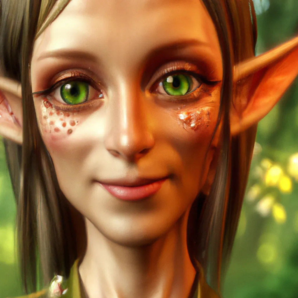 Prompt: Professional photo of a wood elf with large green eyes and smooth skin, lush forest background, concept character art, deep colors, perfect composition, hyperrealistic, hyperdetailed, 32k, high quality, sharp focus, intricate details by greg rutkowski