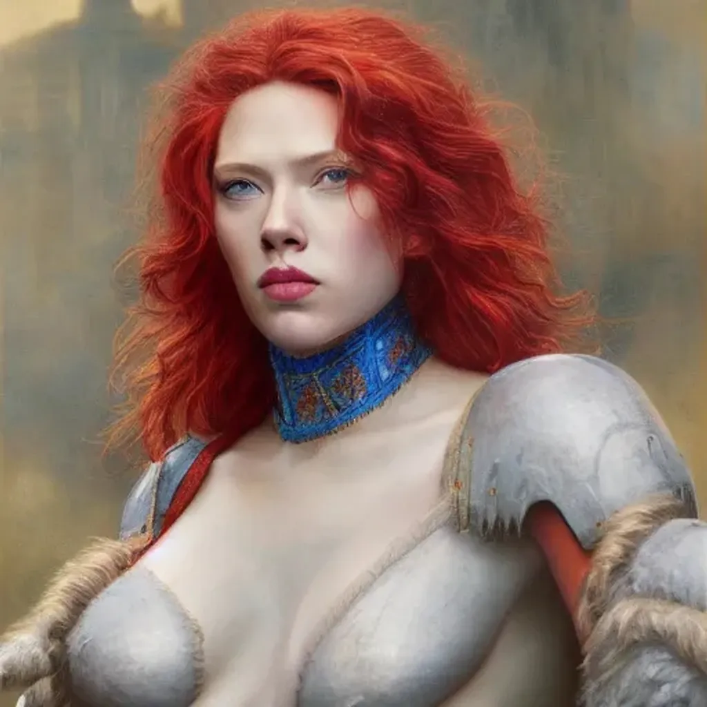 Prompt: scarlet johansen as an epic portrait of ancient warrior long flowing red hair withdetailed  blue eyes gazing at the viewer and a proud face, trending on artstation, sharp focus, studio photo, intricate details, highly detailed, by Boris Vallejo, trending on artstation, sharp focus, studio photo, intricate details, highly detailed, by greg rutkowski