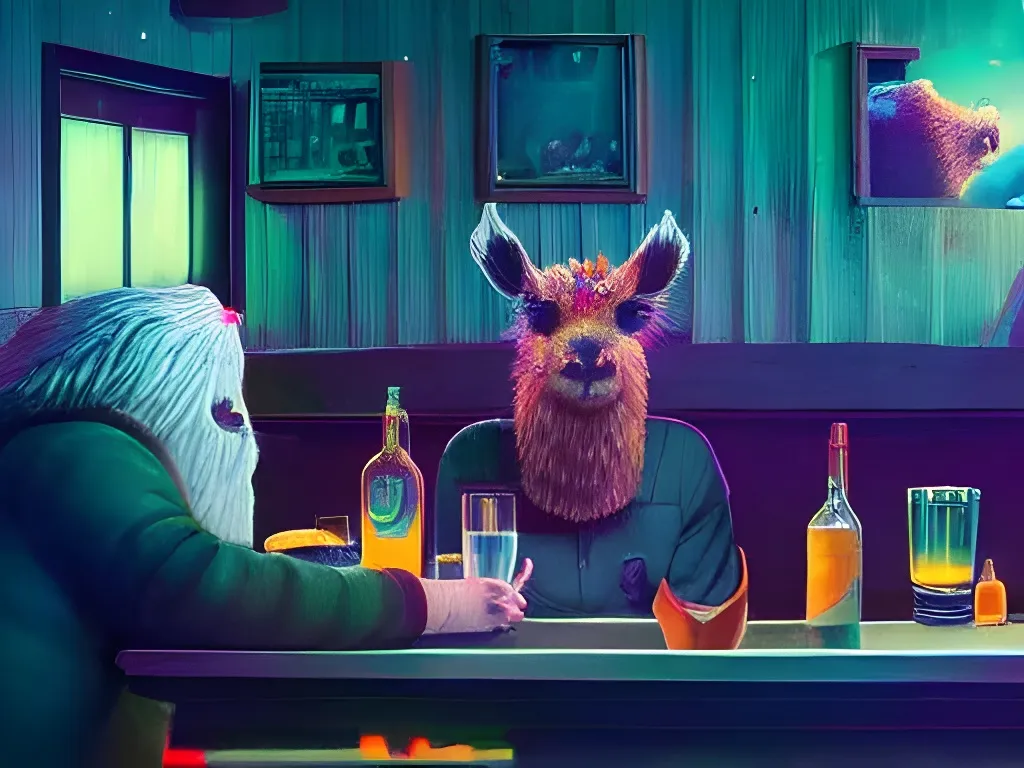 Prompt: 8k photoof Piet with a LLama at a bar, by Simon Stålenhag and Willem van Veldhuizen and Jordan Grimmer and Hans Ruedi Giger, vivid, colorful, Extreme Detail