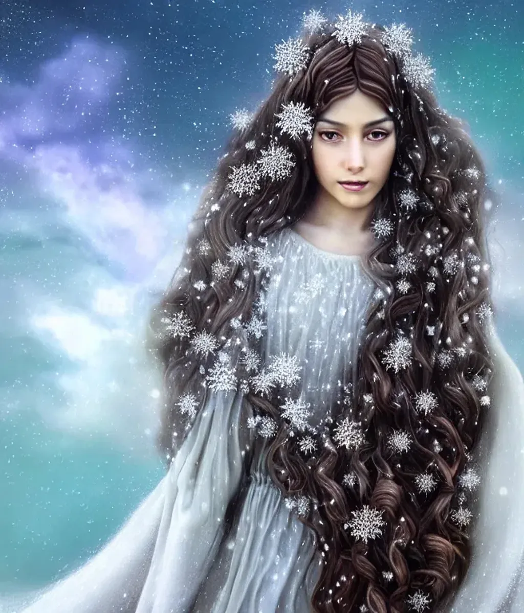 Prompt: Photorealistic digital painting of a stunningly beautiful young Sami female spirit dressed in a traditional ethereal gown with long curly locks of dark brown hair adorned with snowflakes. Background is a wintery sky of star dust and clouds in the milky-way, fantasy artwork, realistic shaded, fine details, artgerm, ultra realistic, HDR, highly detailed, fine facial features, ultra realistic and detailed face, D&D, smooth, sharp focus, intricate, magical, fantasy, elegant, concept art. Beautiful and otherworldly. Dreamlike