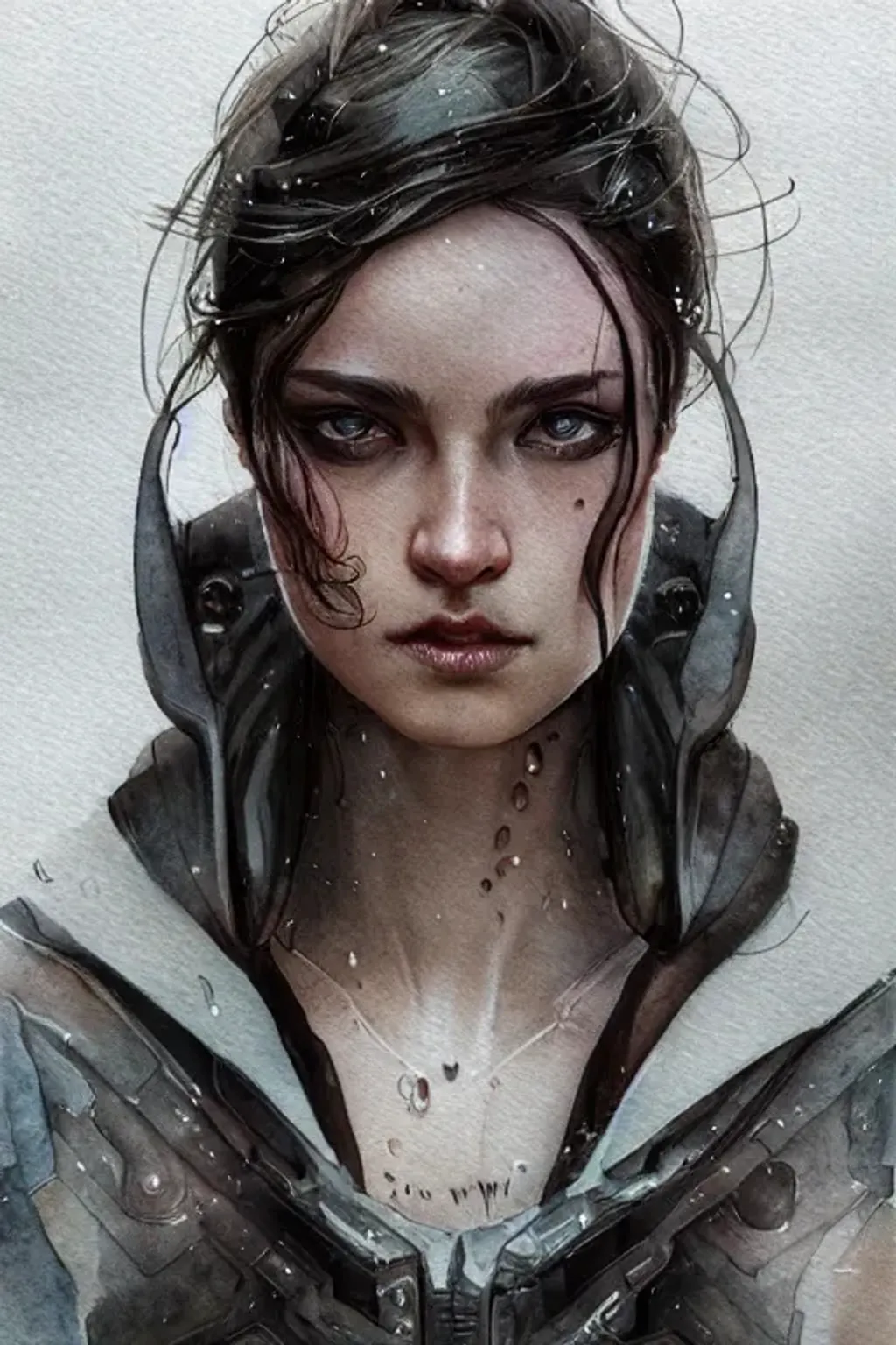 Prompt:  sci-fi character portrait, athletic, fit, focus on face, style, rain, flat light, ultra photo-realistic, intricate, watercolor on paper, masterpiece, expert, insanely detailed, 4k resolution, john William warehouse, Charlie Bowater, Agnes Cecile, Mucha, Gabriel Ferrier, composition, framing