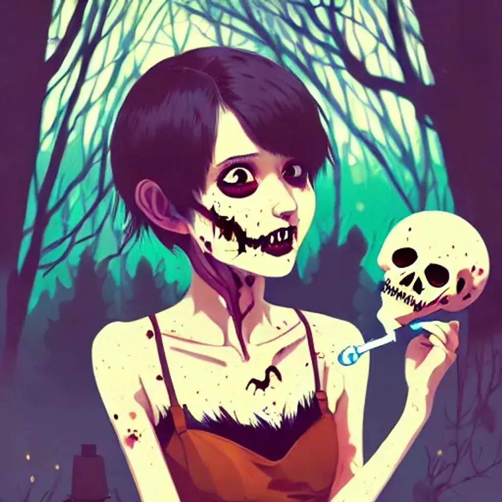 Prompt: digital illustration of pretty zombie girl with short brown hair hair, from alice in wonderland, smoking, happy eyes, smiling, in a wonderland forest, in junkyard at night, by ilya kuvshinov, lois van baarle, rossdraws, basquiat