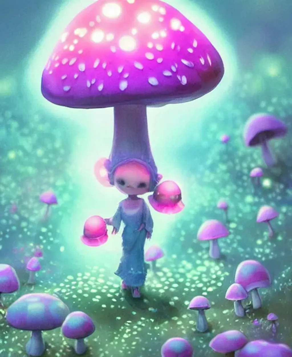 Prompt: a cute kawaii bio-luminescent mushroom creature, concept character art, bokeh effect, magical lighting, weed, lsd, beautiful glowing lights, sci - fi, stunning, intricate, elegant. highly detailed, digital painting, 32k poster art, artstation. smooth. sharp focus. illustration, award winning art by pixar, artgerm and greg rutkowski and alphonse mucha 