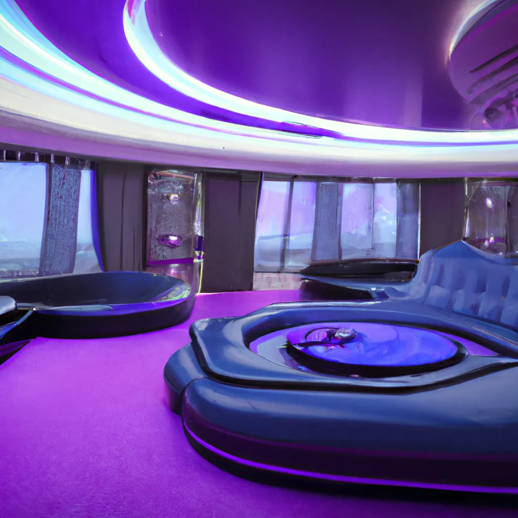 Prompt: A huge futuristic round luxury hotel room. Cosplay