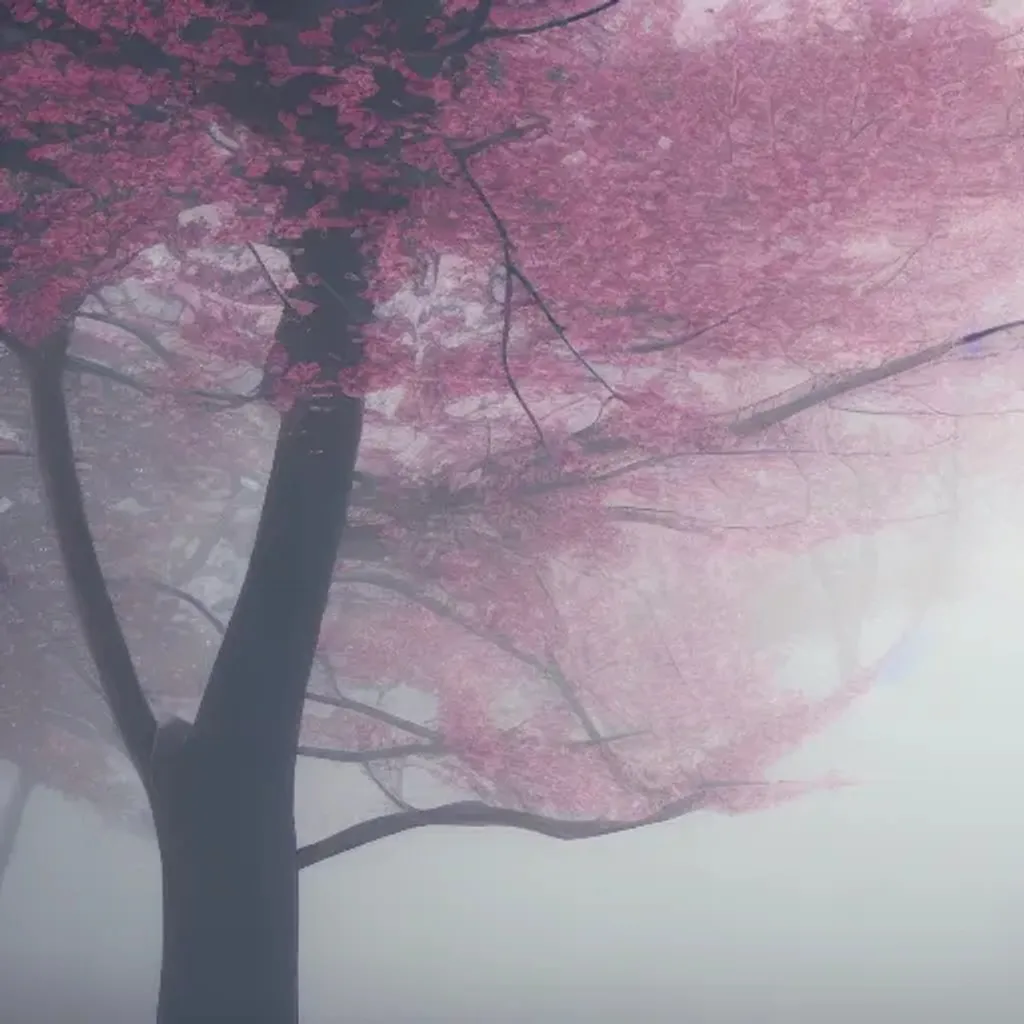 Prompt: low poly cherry blossom tree in the fog, in the morning, soft colors