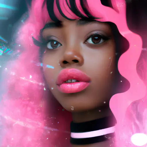 Prompt: absolutely beautiful black woman with long flowing pink hair, cyber aesthetic, IMVU, beautiful eyes, gorgeous makeup, pink eye color, pink lips, caramel colored shiny skin, portrait, sharp focus, blurred background, candid photograph, glamor shot, glitchcore vaporwave synthwave artstation