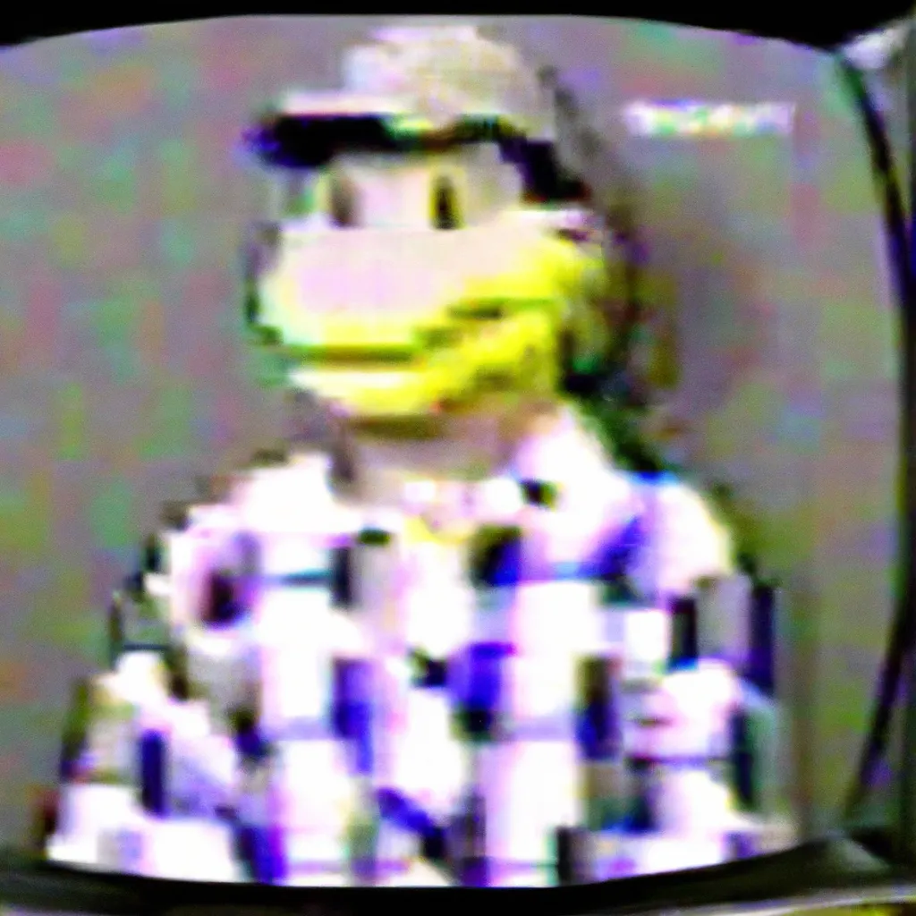 Prompt: A heavily distorted 1993 VHS footage of a guy with a lizard head wearing butcher clothes 