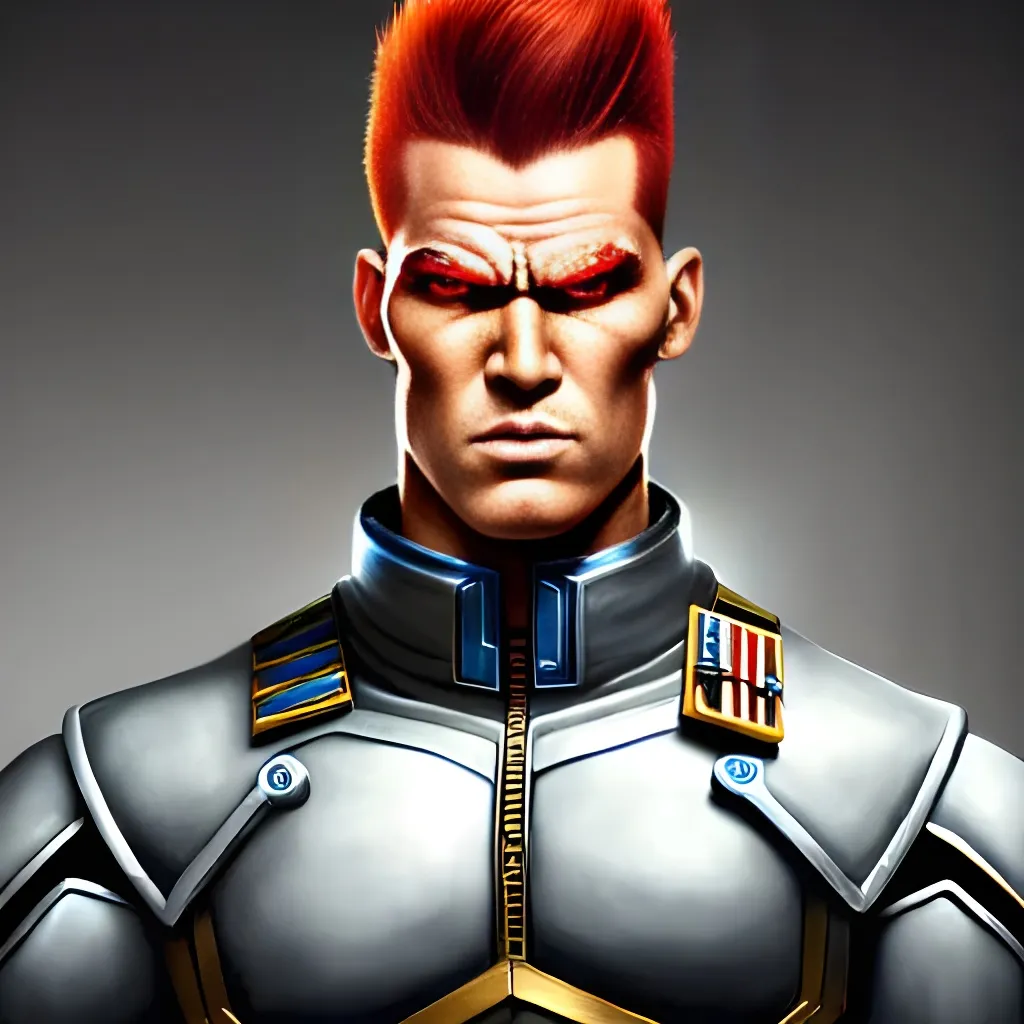 Prompt: Highly detailed realistic full body portrait of a young bulky muscular masculine tall futuristic male space soldier, gauntlets, pauldrons, plating, ginger pompadour undercut, smirking, focus on face, uniform, digital art, highly detailed, Greg Rutkovski