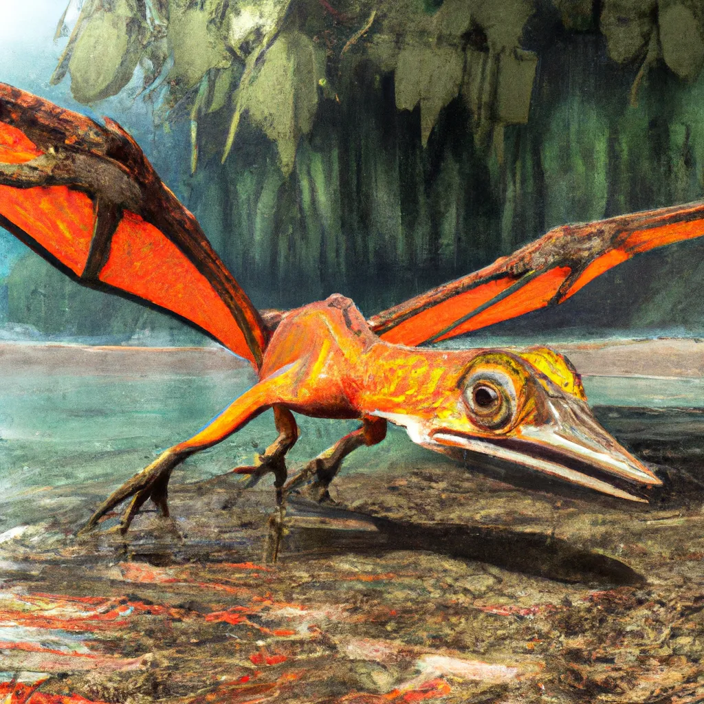 Prompt: gliding lizard-like skin, a chimera Pteranodon, has wings like bats, salamander tail, underwater herbivore,  amazing colorful Poisonous amphibian skin, a habitat nearside a lake with tall forests, and features developed for a swim. pre-historic, Full shot, Long shot, speculative evolution. Highly realistic accurate anatomical illustration,  hyperrealistic, wildlife photography