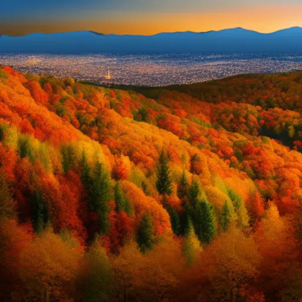 Prompt: hills covered in trees with autumn colors, soft light, at night with city in the distance, illustration