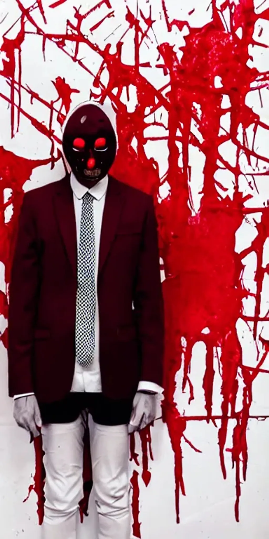 Prompt: masked man wearing a suit in a blood covered room 