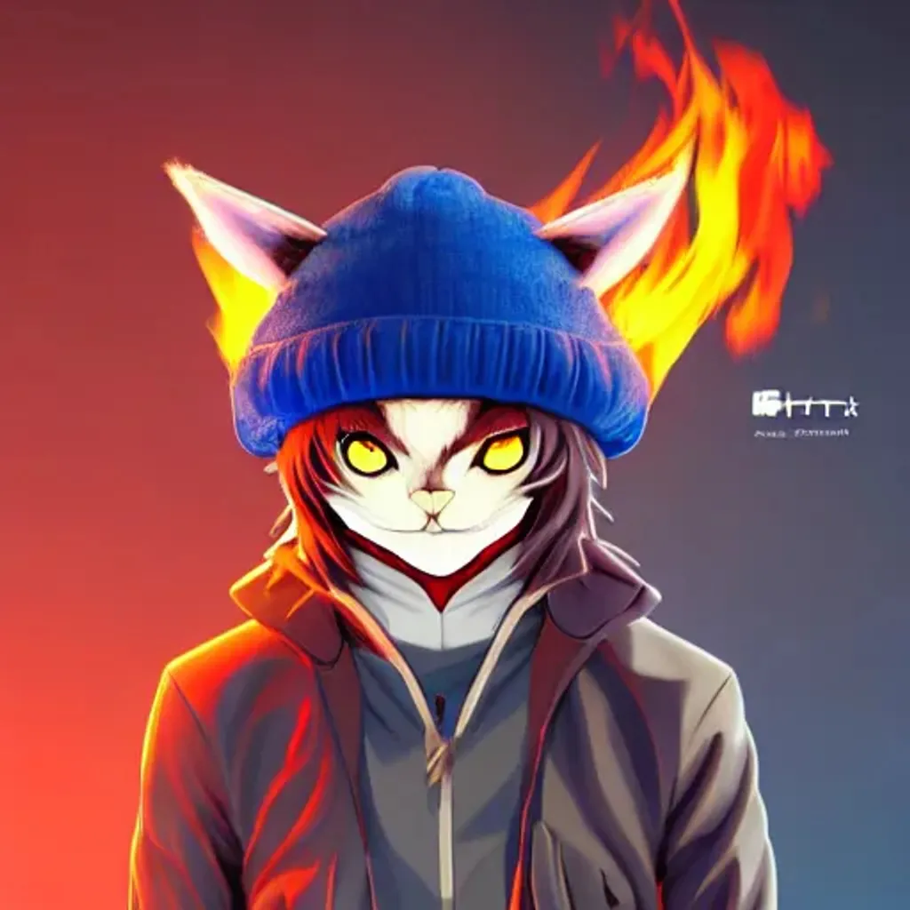 Prompt: A cool Anime character, half cat half minotaur with blue eyes wearing a beanie, wrapped around with fire at a concert stage, a character portrait by Andrei Kolkoutine, Artstation, sots art, 3d game art, quantum wavetracing, dark and mysterious