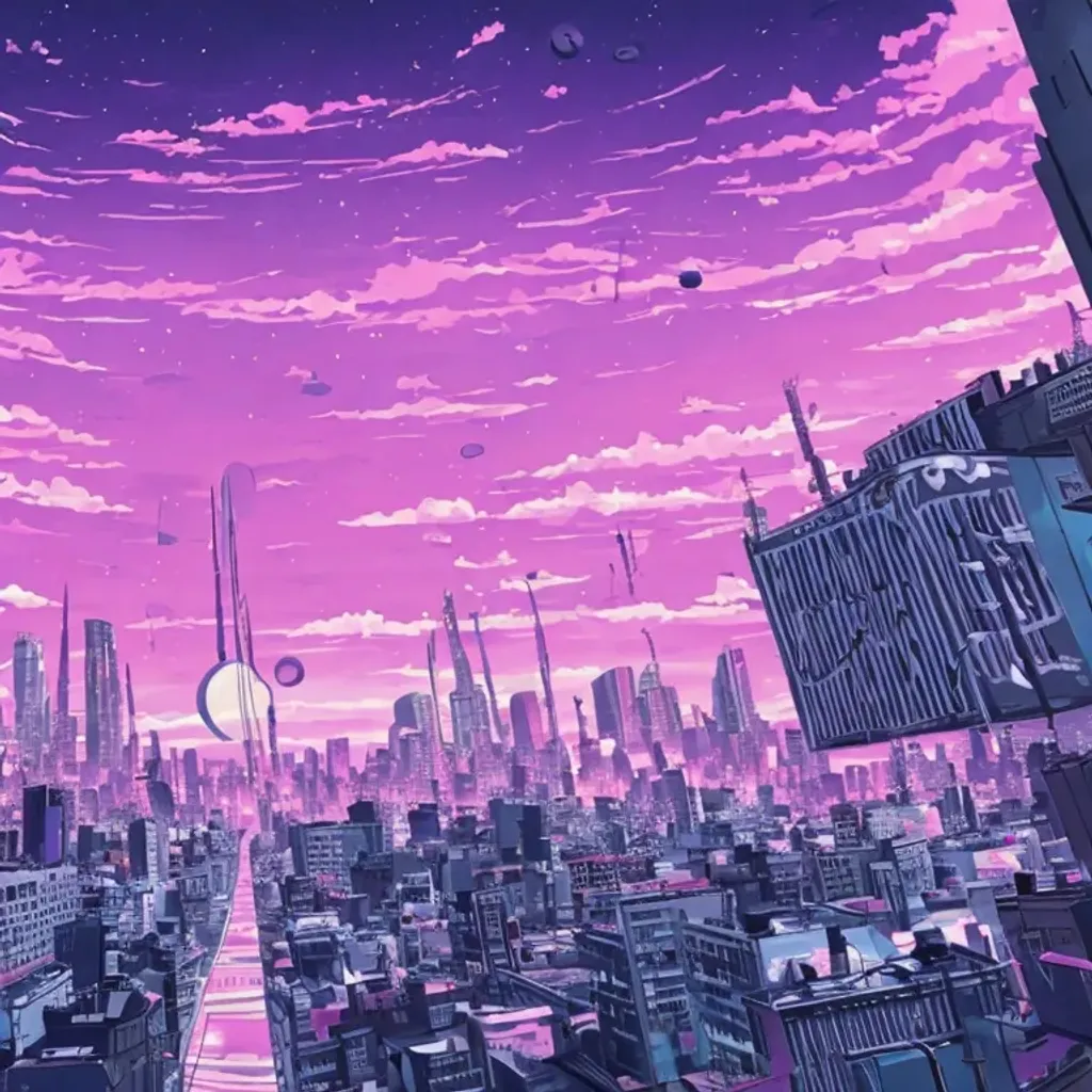 Prompt: a blackhole in the middle of a city with pink skies within the anime aesthetic