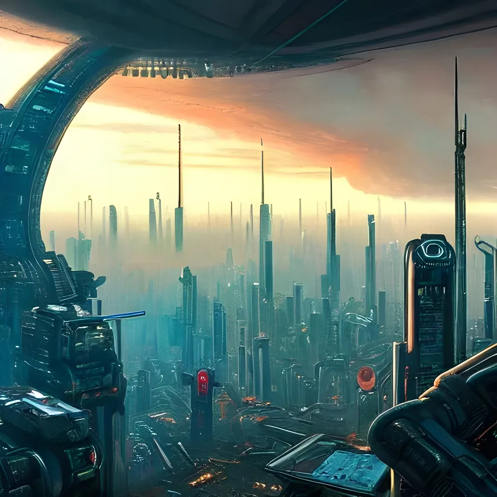 Prompt: A thermonuclear explosion rocks the cyberpunk city of tomorrow, blade runner, alien landscape, city in ruins, incredible vista, tech, in the style of a very highly detailed oil painting, xenomorphic