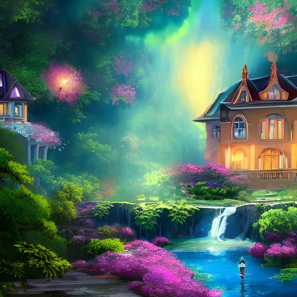 Prompt: A digital illustration of a beautiful mansion with flowered gardens and fireflies beside a waterfall, vivid colors, 4k, fantasy, detailed, trending in artstation, fantasy