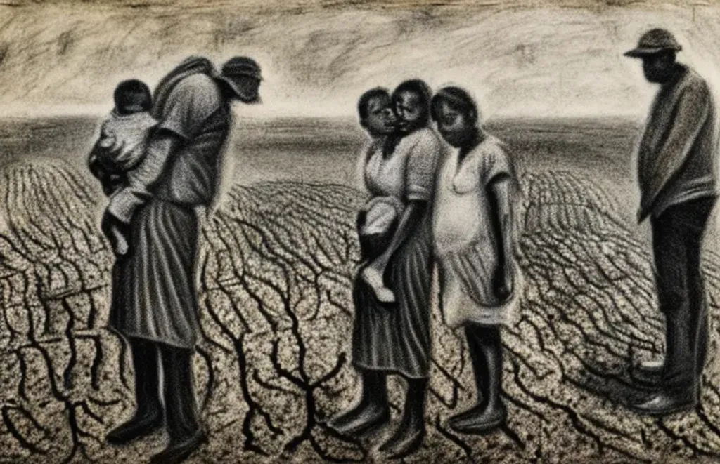 Prompt: charcoal drawing of an impoverished 1920's family migrant workers husband wife children baby backs to viewer standing in a dry dusting dead vegetable field sad depressing image