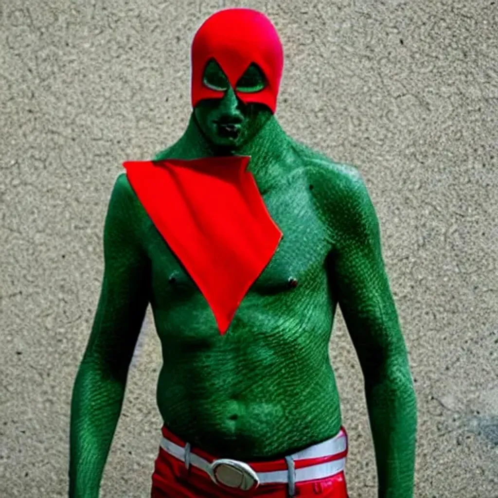 Prompt: Green Man, red_cape, Superious Combo Decicöle'. Shadow.