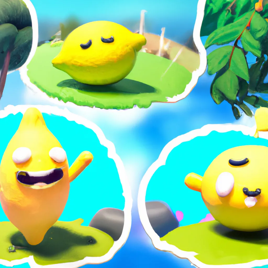 Prompt: Claymation set of a cute lemon with cartoon arms and legs in a cartoon forest and a cute smile, claymation, 4k. realistic, blue sky, sun, fish eye lens