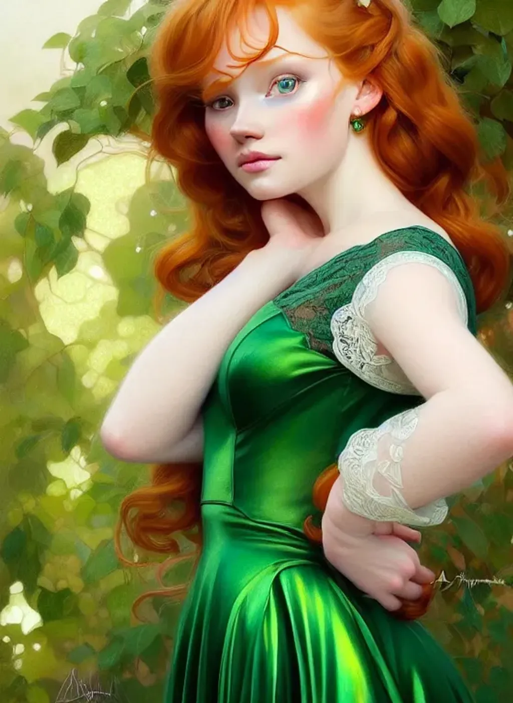 Prompt: portrait of a beautiful ginger, cute little nose, whispy curls, sparkling 
emerald green eyes, coy, flirty, purple satin dress with fine lace, fantasy, highly detailed, realistic, digital painting, artstation, smooth, sharp focus, illustration, art by artgerm and greg rutkowski and alphonse mucha