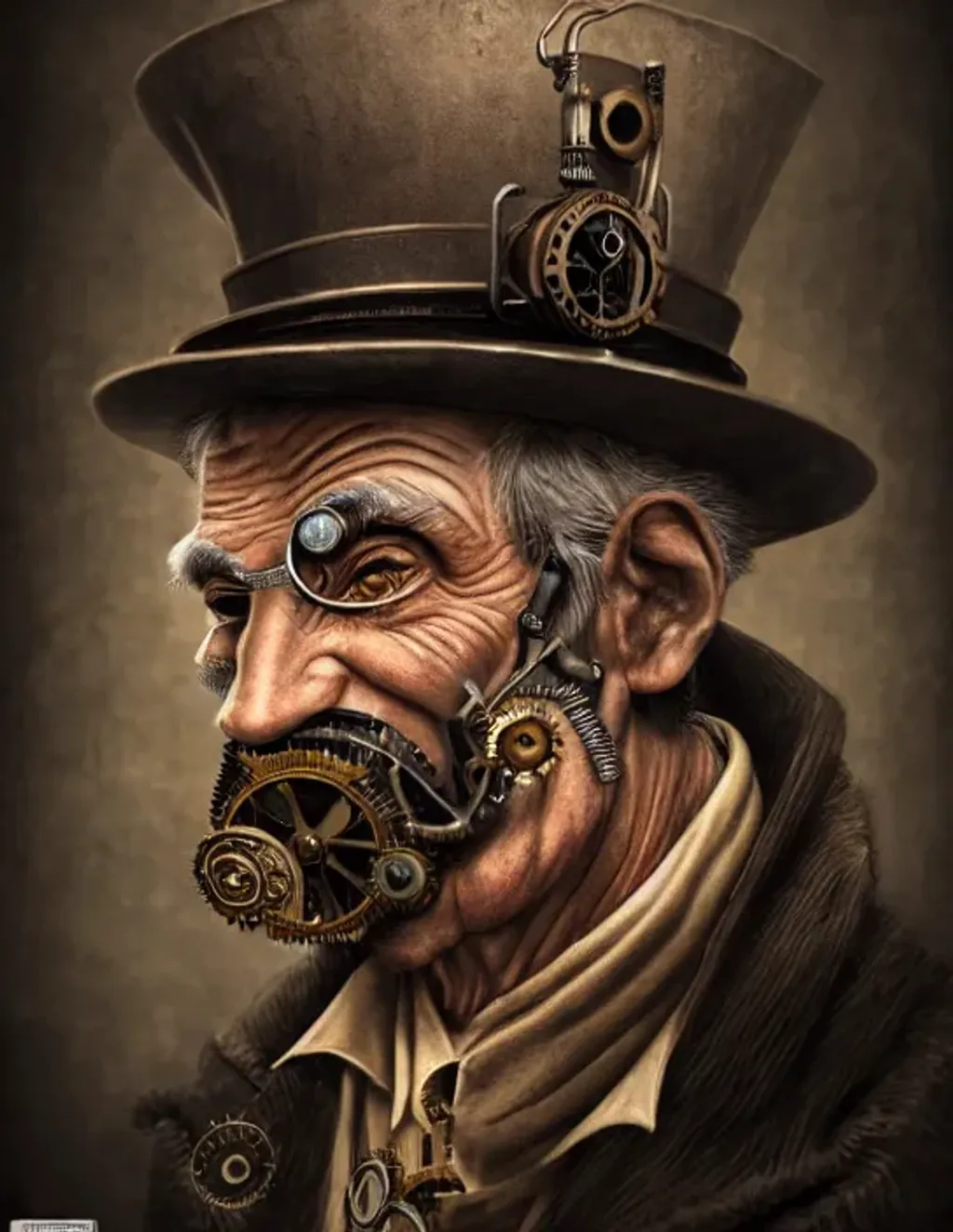 Prompt: Extremely detailed portrait of old steampunk man with random hat with black hair with random face, extremely detailed steampunk street background , hyperrealistic , 8k, high quality, concept art, trending on artstation, sharp focus, studio photo, intricate details, hyper detailed