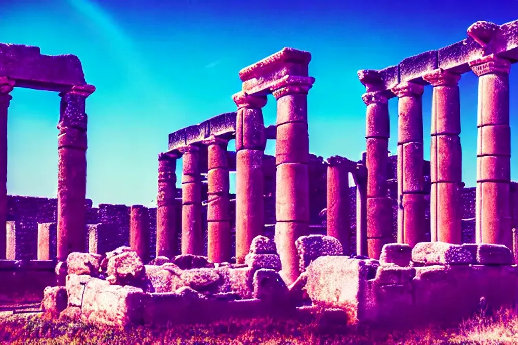 Prompt: Ancient city ruins, outrun, retrowave, synthwave, vaporwave, 35mm photograph