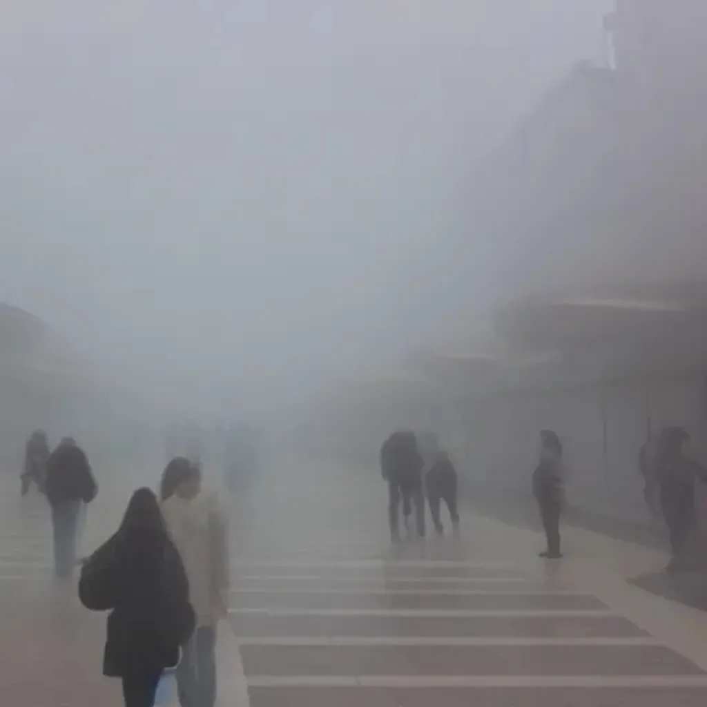 Prompt: liminal space mall with people in the fog