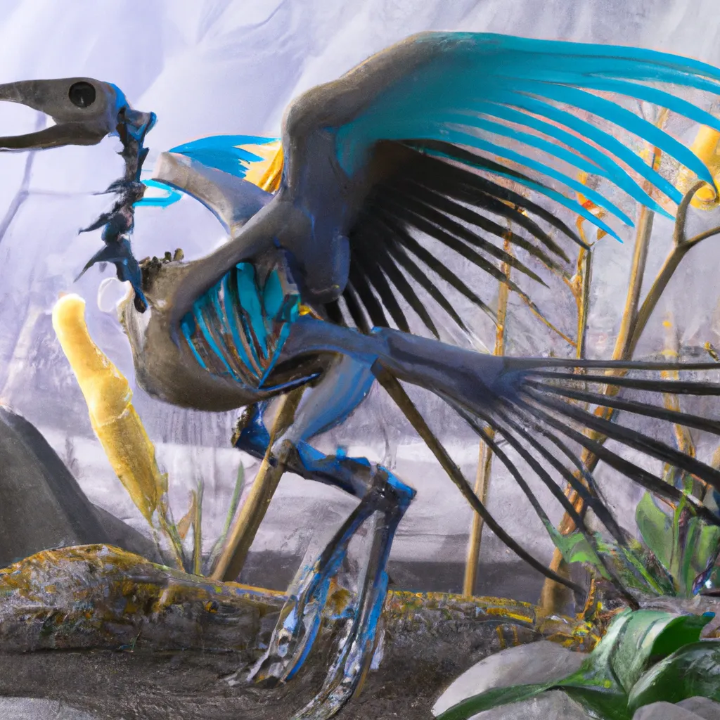 Prompt: The wild skeleton structure of Archaeopteryx Corvid Steller's Jay chimera from the pre-historic era, in its habitat.  speculative evolution. Highly realistic accurate anatomical CGI representation, transitional features with birds, amazing colors and patterns on its feathers, hyperrealistic, ZBrush sculpt