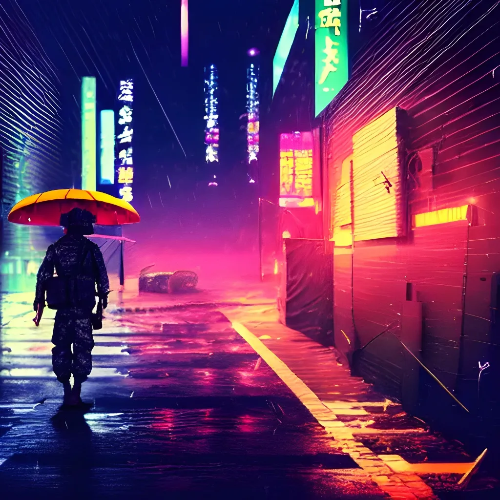 Prompt: armed military conflict, colorful, digital art, night, rain, cyberpunk, high resolution, Tokyo, dystopian 