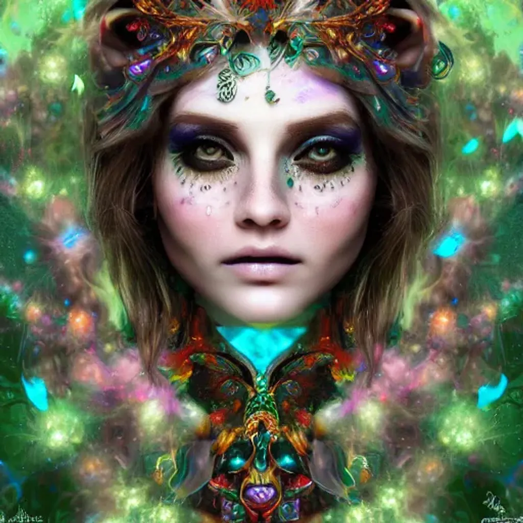 Prompt: female young ForestDruid princess portrait, fractal face tattoo, sparkling rainbow magic, fractal piezoluminescence, beautiful detailed intricate insanely detailed elegant magic ornate,  trending on artstation, photorealistic, Gerhard Richter