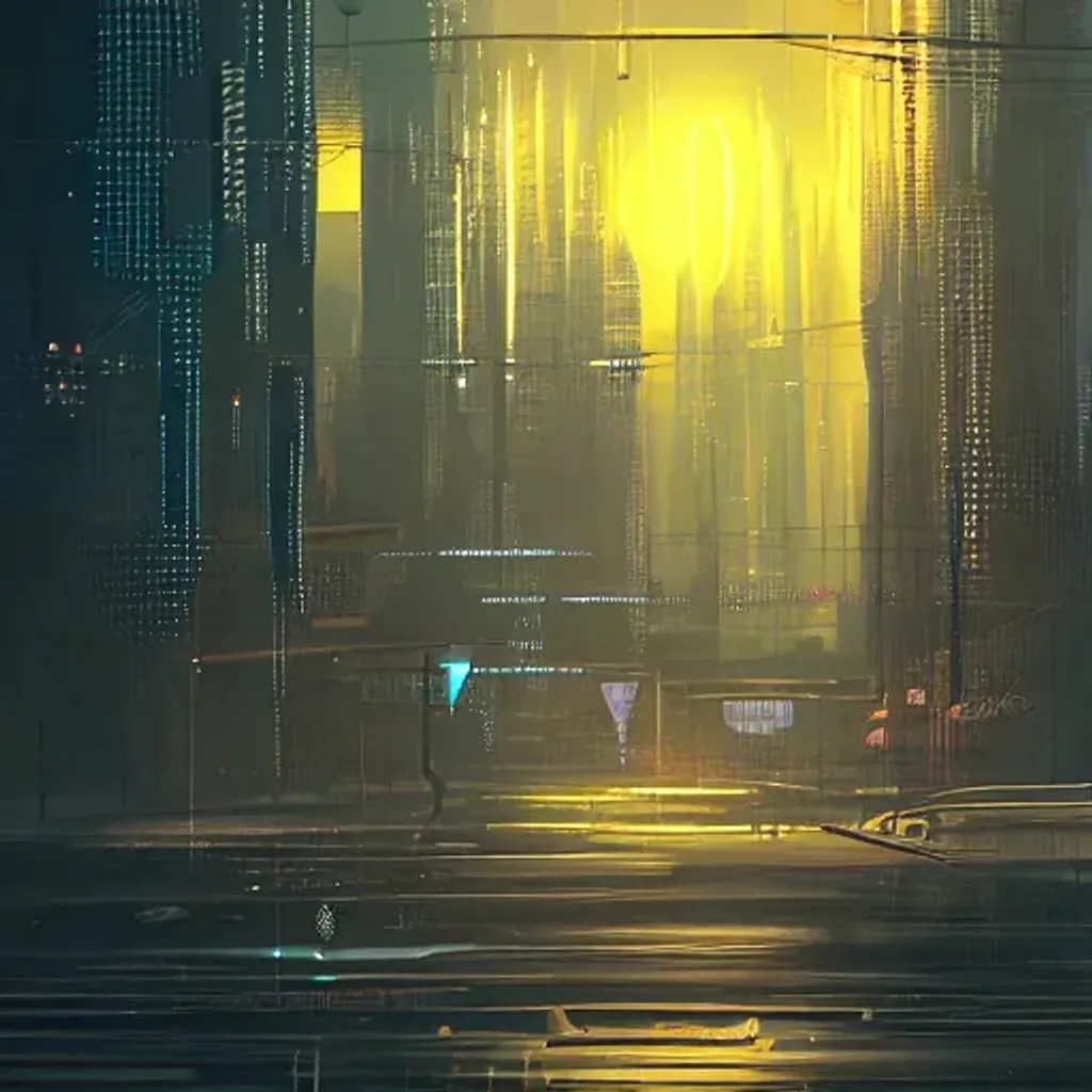 Prompt: Abstract cyberpunk city, golden style, at night, rainy, streetlamp, 8k, trending on artstation