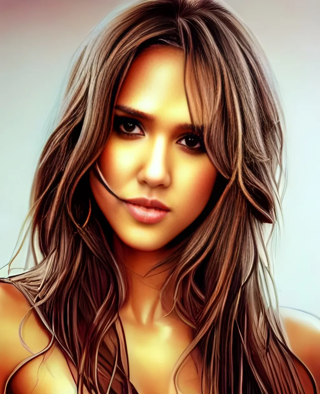 Prompt: pencil full body portrait of Jessica Alba, standing character, detailed gorgeous face, elegant, sensual pose, muscular, illustration, pencil painting, highly detailed, soft lightning, by Victoria Francés, by Anne Stokes, by Julie Bell