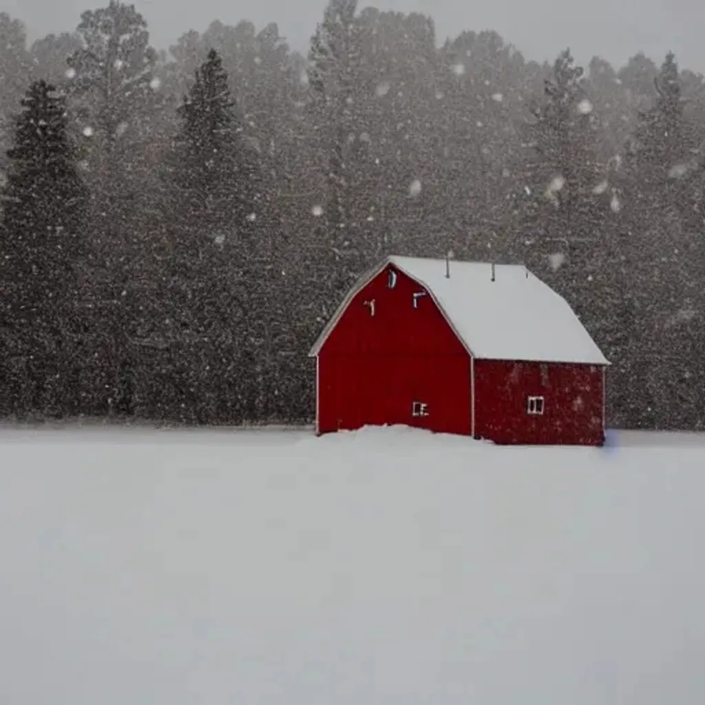 Prompt: An old red barn in the snow