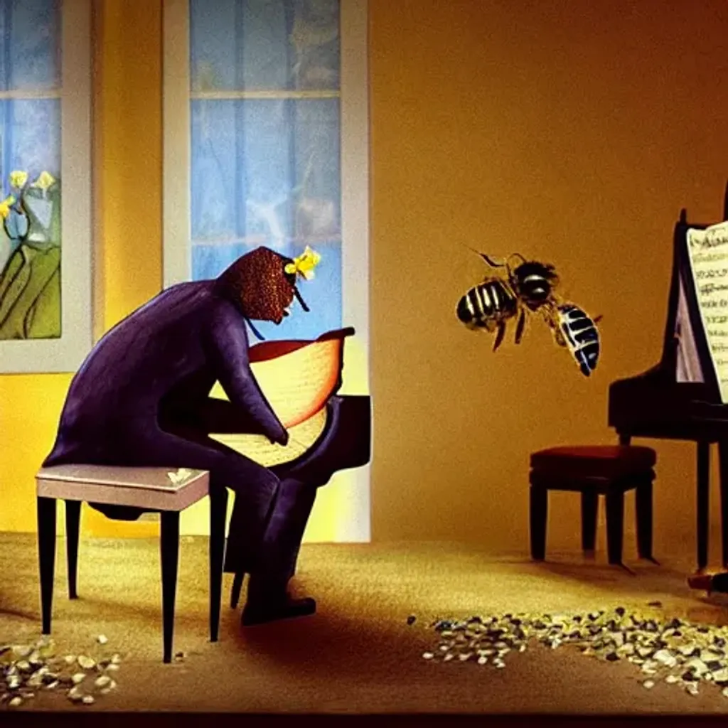 Prompt: Bee pollinating a beautiful flower scene | through the lens | man playing a piano  | living room | pulp fiction diorama | dimly lit interior | Visigoth  