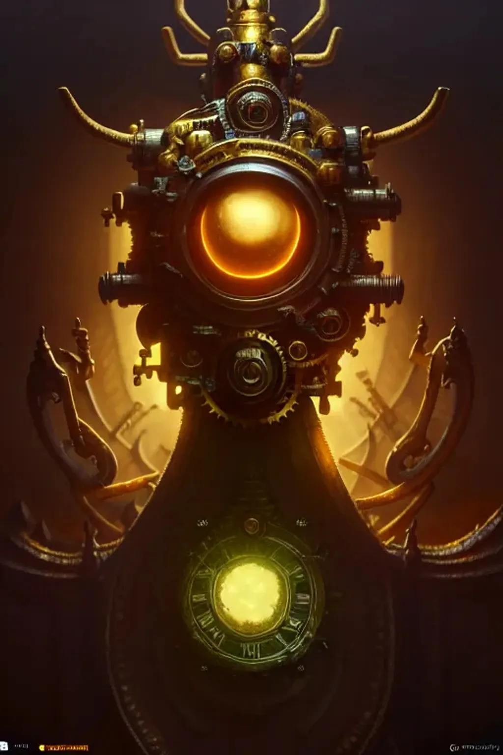 Prompt: a horror monstor with a single eye, 4 hands, 8 legs, oil painting of ornate intricate golden, sharp focus, fantasy style, steampunk city background, octane render, volumetric lighting, 8k high definition, by greg rutkowski, highly detailed, trending on art Station