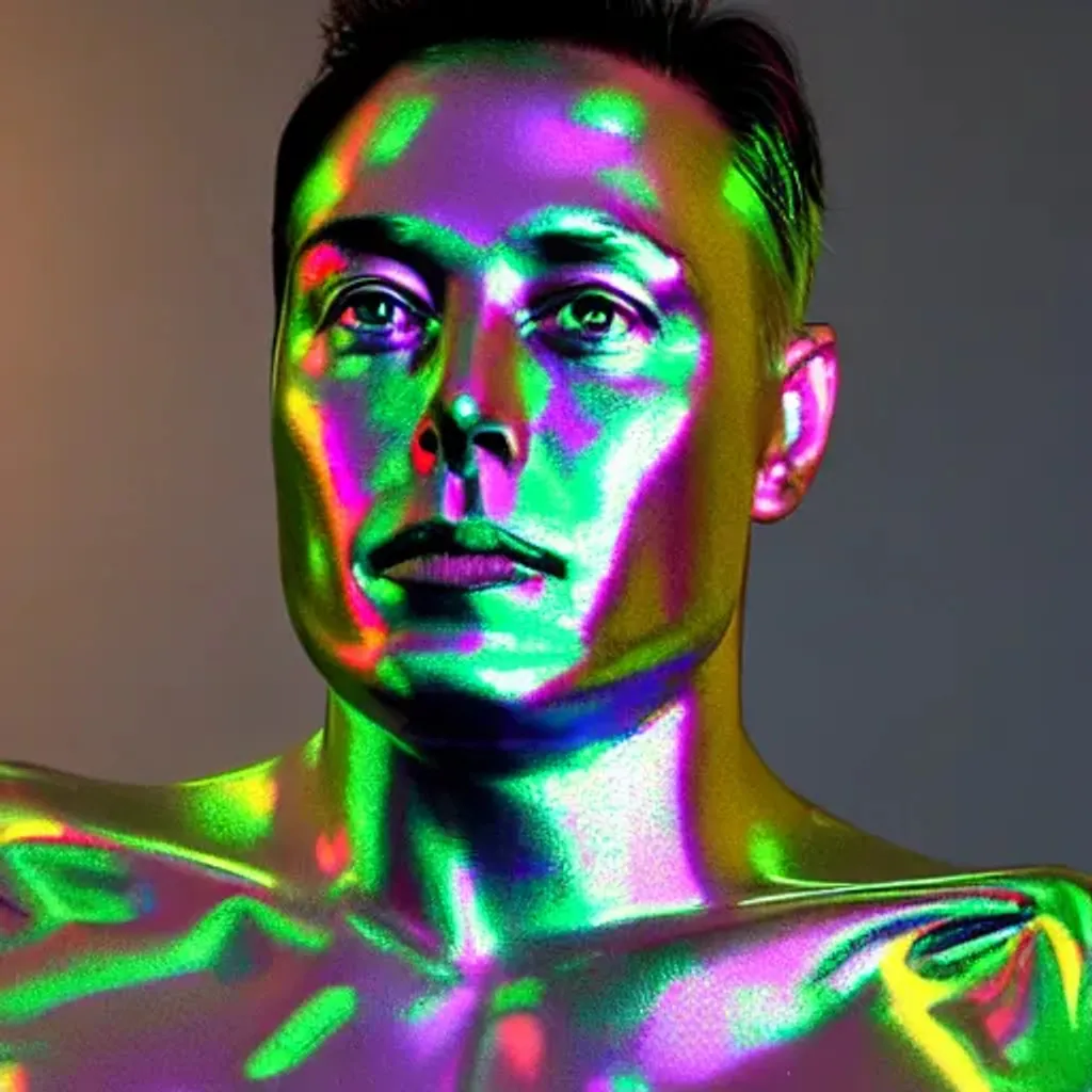 Prompt: 3d render of Elon Musk as a holographic human robotic head made of glossy iridescent, surrealistic 3d illustration of a human face non-binary, non binary model, 3d model human, cryengine, made of holographic texture, holographic material, holographic rainbow, concept of cyborg and artificial intelligence